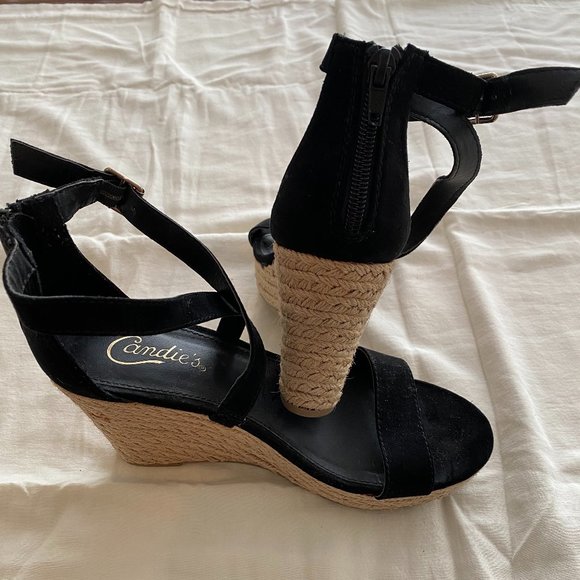 Candies Black Wedge Espadrille Heels Criss Cross with Gold Buckle - Picture 7 of 9